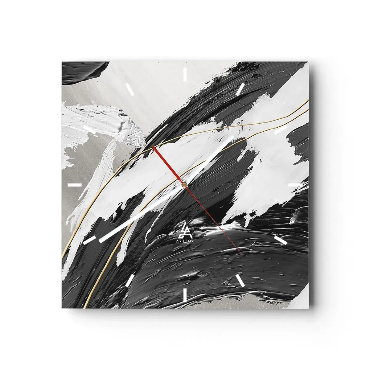 Reloj de pared - Reloj de vidrio - Trazos de pintura en blanco y negro con un sutil acento dorado. - 30x30cm - Abstracción con estilo - Decoración de pared moderna para salón y dormitorio ARTTOR