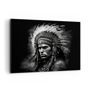 Cuadro sobre lienzo - Impresión de Imagen - Retrato de un jefe con un tocado de plumas sobre un fondo negro - 120x80cm - Líder y guerrero - Decoración de pared moderna para salón y dormitorio ARTTOR