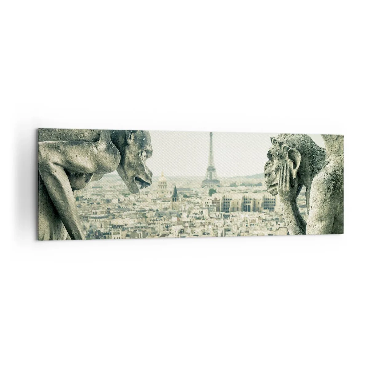 Cuadro sobre lienzo - Impresión de Imagen - Gárgolas con vistas al horizonte de París y a la Torre Eiffel - 160x50cm - Charlas parisinas - Decoración de pared moderna para salón y dormitorio ARTTOR