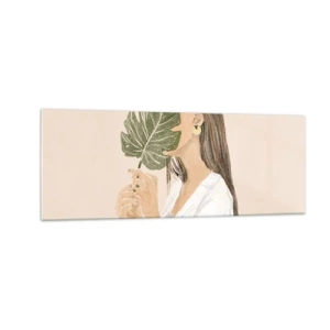 Cuadro sobre vidrio - Impresiones sobre Vidrio - Retrato de una mujer con una hoja de monstera sobre un fondo beige. - 140x50cm - Retrato misterioso con un abanico - Decoración de pared moderna para salón y dormitorio ARTTOR