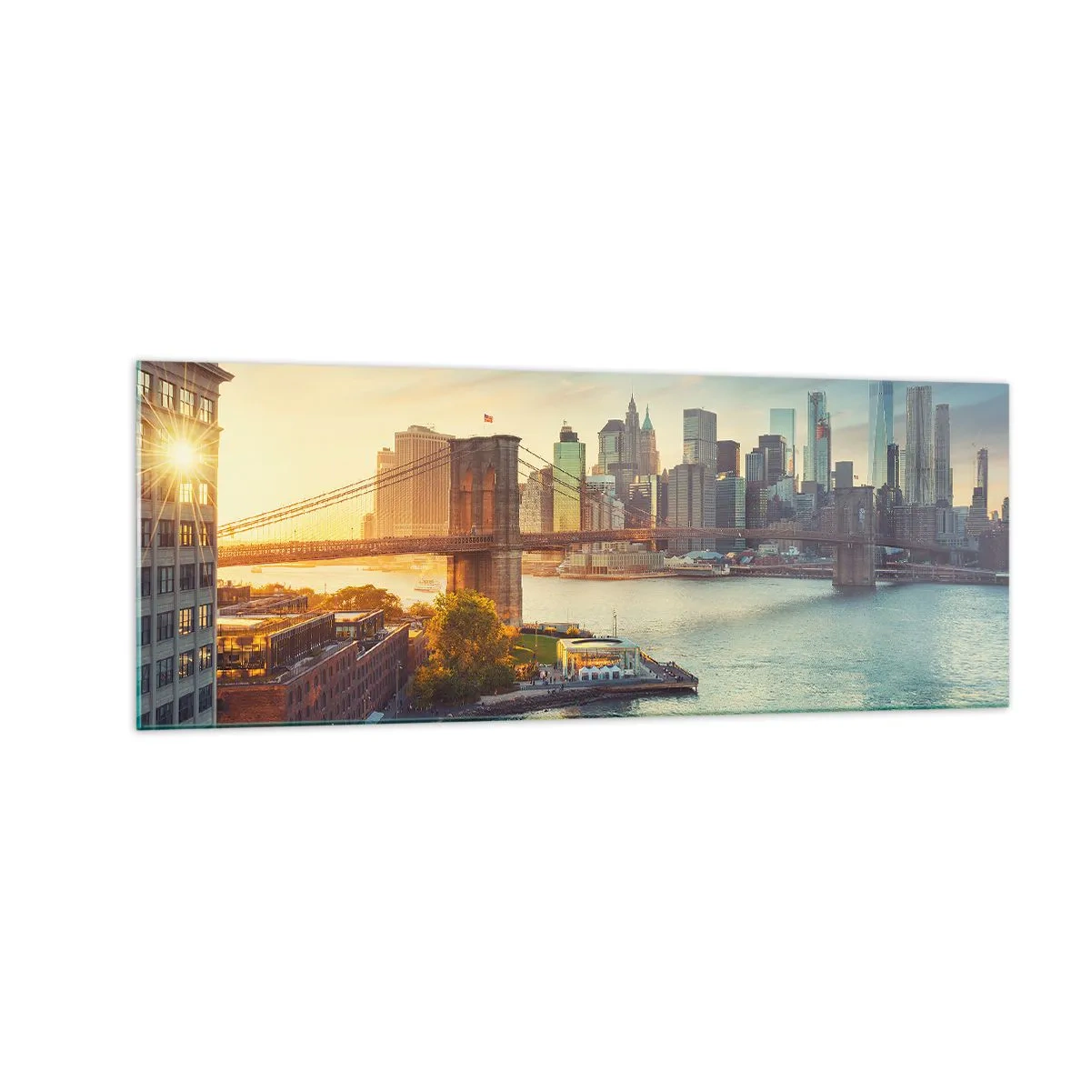 Cuadro sobre vidrio - Impresiones sobre Vidrio - Panorama de la ciudad con el puente al atardecer - 140x50cm - El amanecer de la gran ciudad - Decoración de pared moderna para salón y dormitorio ARTTOR