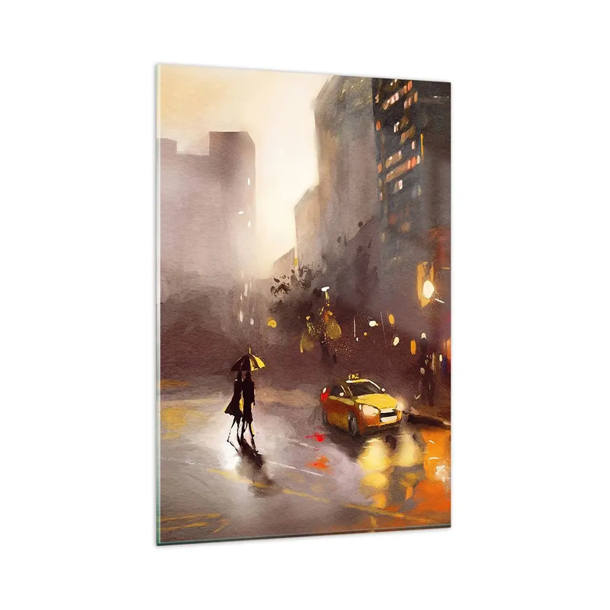 Cuadro sobre vidrio - Impresiones sobre Vidrio - Una escena urbana nocturna a la luz de las farolas y los reflejos en una calle mojada. - 80x120cm - En las luces de Nueva York - Decoración de pared moderna para salón y dormitorio ARTTOR