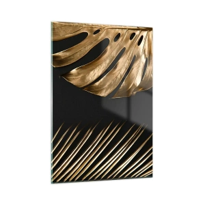 Cuadro sobre vidrio - Impresiones sobre Vidrio - Hojas de palma doradas y monsteras sobre fondo negro. - 50x70cm - Diferente, e igualmente valioso - Decoración de pared moderna para salón y dormitorio ARTTOR