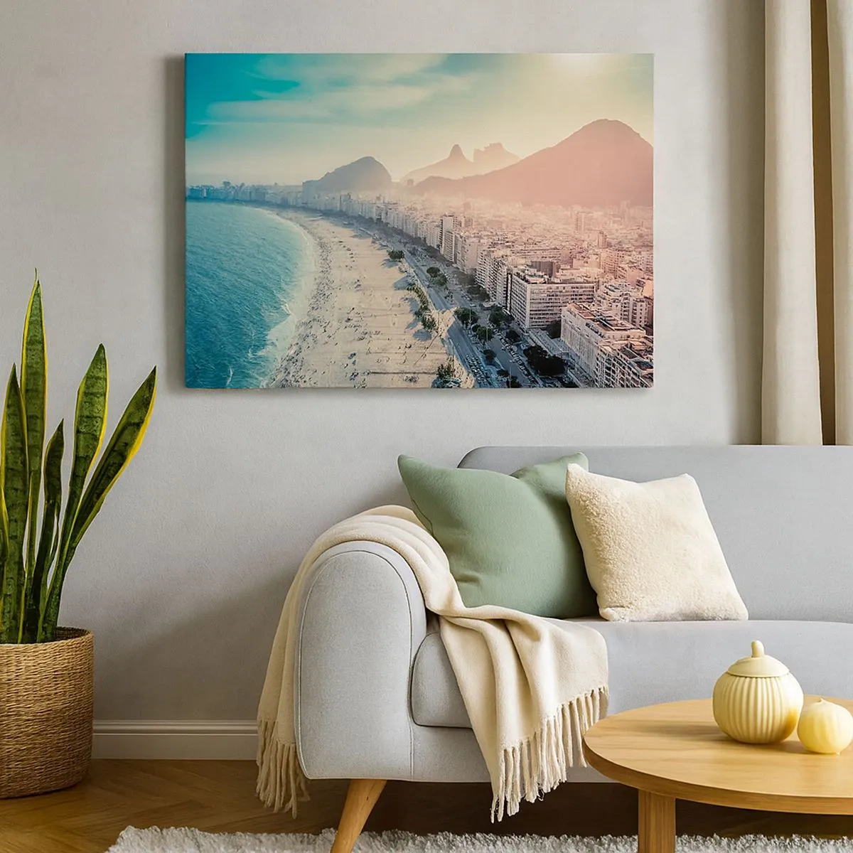 Cuadro sobre lienzo - Impresión de Imagen - Panorama de la playa de Copacabana con montañas al fondo en Río de Janeiro - 70x50cm - Vacaciones perpetuas en Río - Decoración de pared moderna para salón y dormitorio ARTTOR