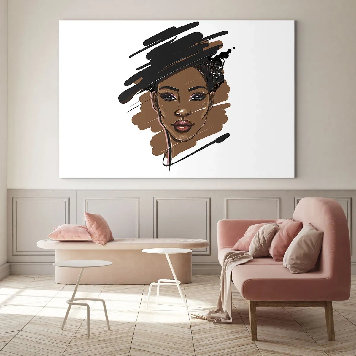 Cuadro sobre vidrio - Impresiones sobre Vidrio - Retrato de una mujer negra en un estilo de boceto de moda. - 120x80cm - Dulce como el chocolate - Decoración de pared moderna para salón y dormitorio ARTTOR