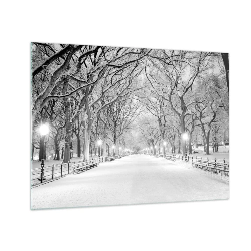 Cuadro sobre vidrio - Impresiones sobre Vidrio - Callejón de árboles de invierno en el parque con luces y nieve. - 70x50cm - Cuatro estaciones - invierno - Decoración de pared moderna para salón y dormitorio ARTTOR