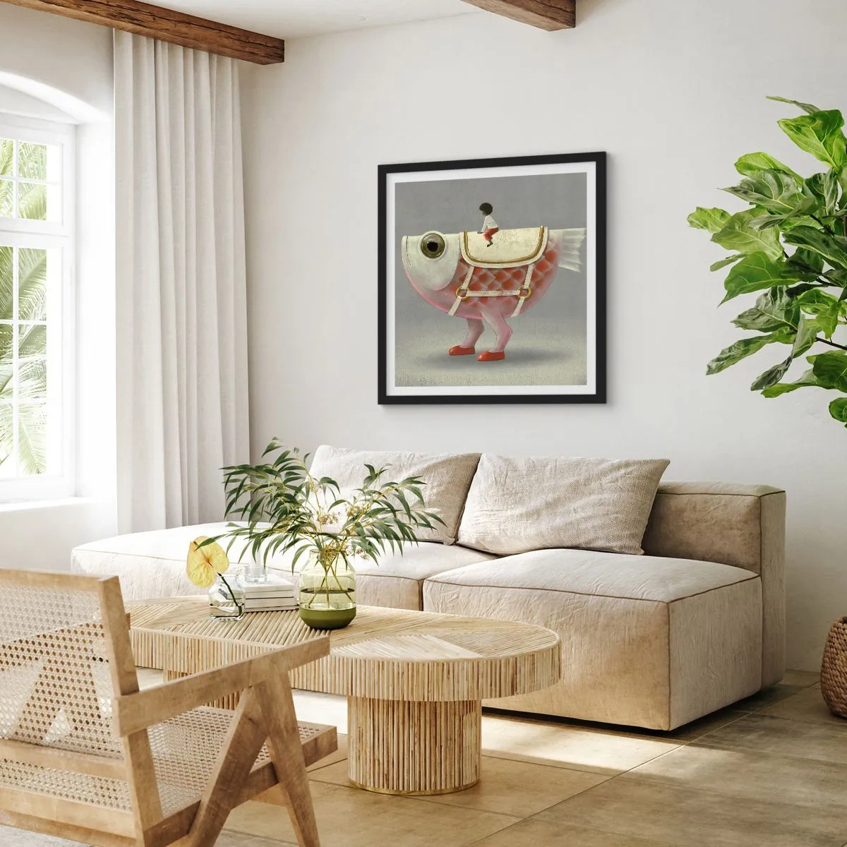 Póster en marco negro - Jinete del pescado - 50x50 cm