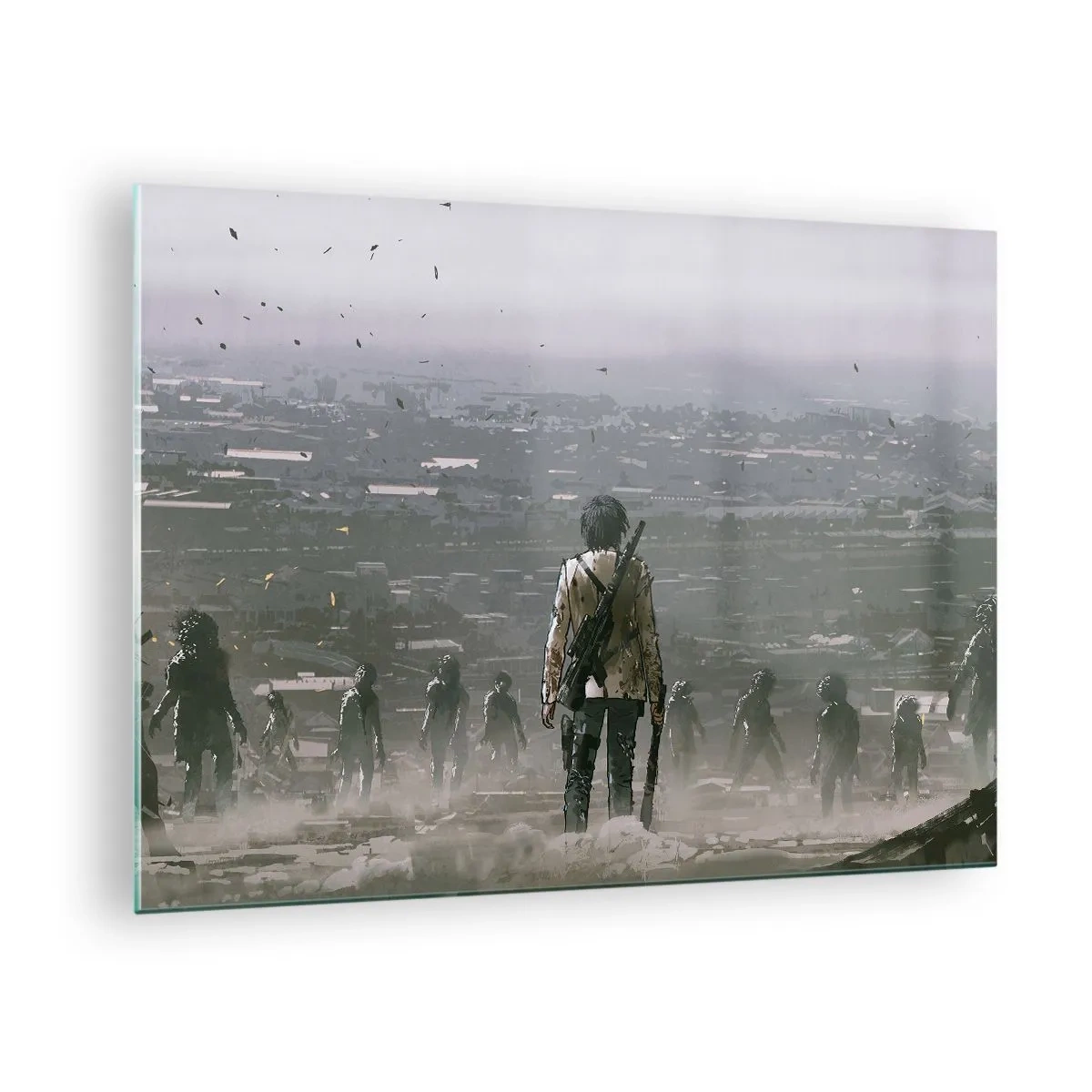 Cuadro sobre vidrio - Impresiones sobre Vidrio - Una figura con un rifle en el oscuro escenario de un grupo que se acerca. - 70x50cm - Soy leyenda - Decoración de pared moderna para salón y dormitorio ARTTOR