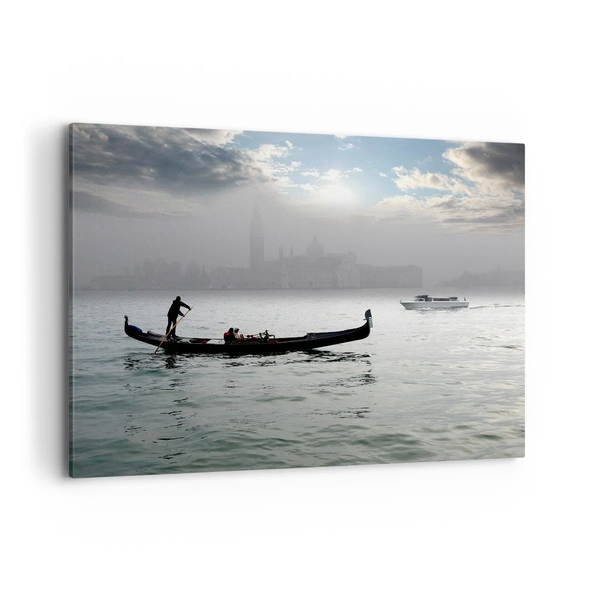 Cuadro sobre lienzo - Impresión de Imagen - Una góndola se desliza por las aguas de Venecia en una mañana brumosa, con vistas a la ciudad. - 100x70cm - Una fabulosa ciudad de agua y niebla - Decoración de pared moderna para salón y dormitorio ARTTOR