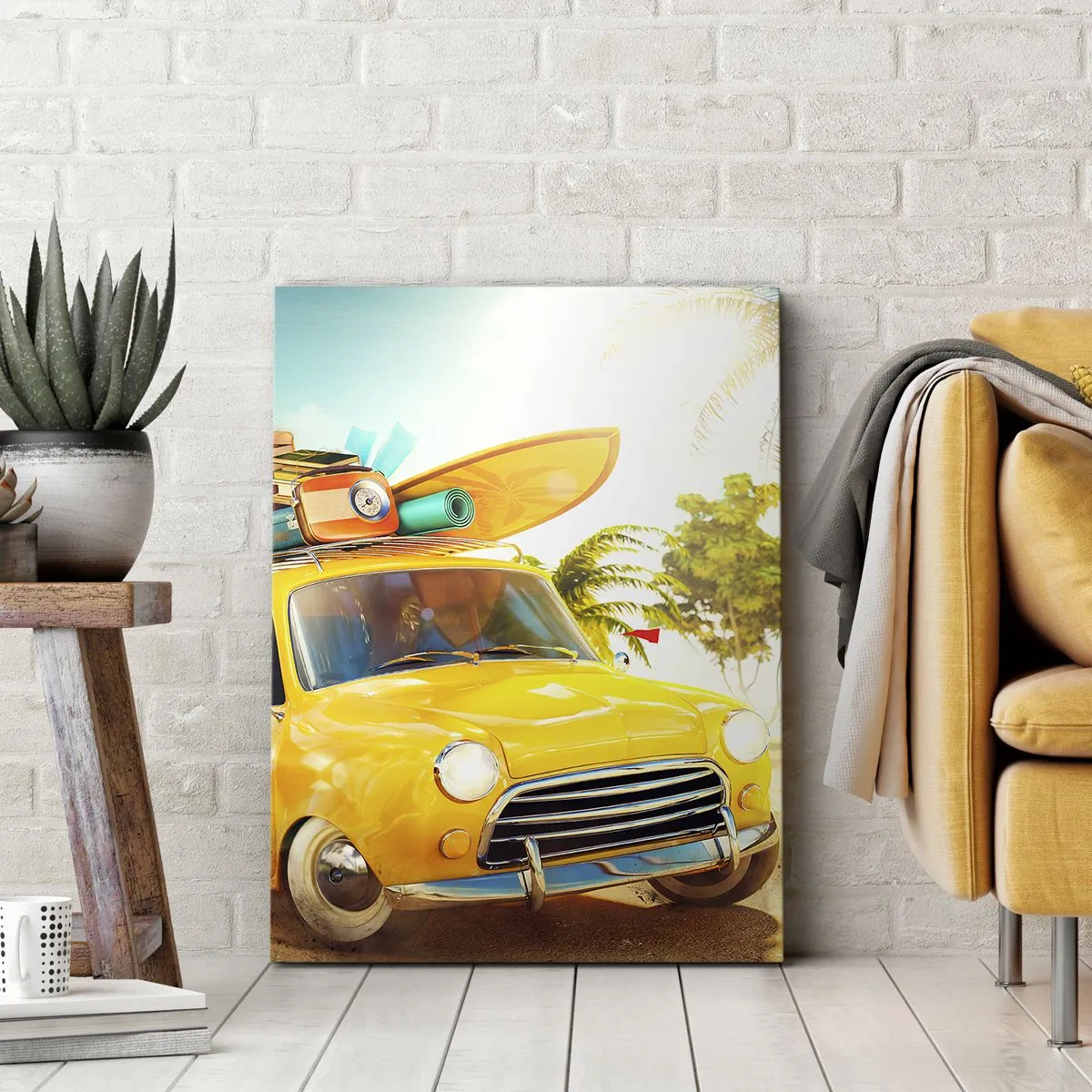 Cuadro sobre lienzo - Impresión de Imagen - Un coche amarillo con equipaje frente a un paisaje tropical. - 70x100cm - Un viaje para más de una sonrisa - Decoración de pared moderna para salón y dormitorio ARTTOR