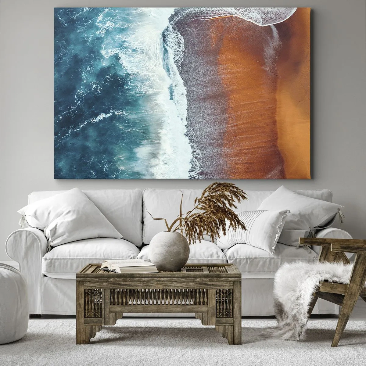Cuadro sobre lienzo - Impresión de Imagen - Una vista de las olas del océano rompiendo en la playa dorada. - 70x50cm - Un toque de océano - Decoración de pared moderna para salón y dormitorio ARTTOR
