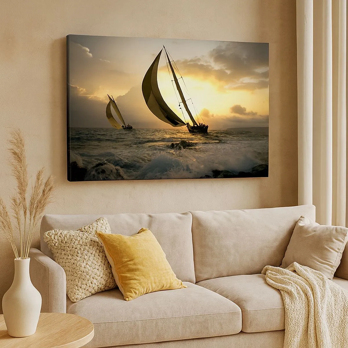 Cuadro sobre lienzo - Impresión de Imagen - Veleros en el mar durante la puesta de sol - 70x50cm - En contra y a favor del viento - Decoración de pared moderna para salón y dormitorio ARTTOR