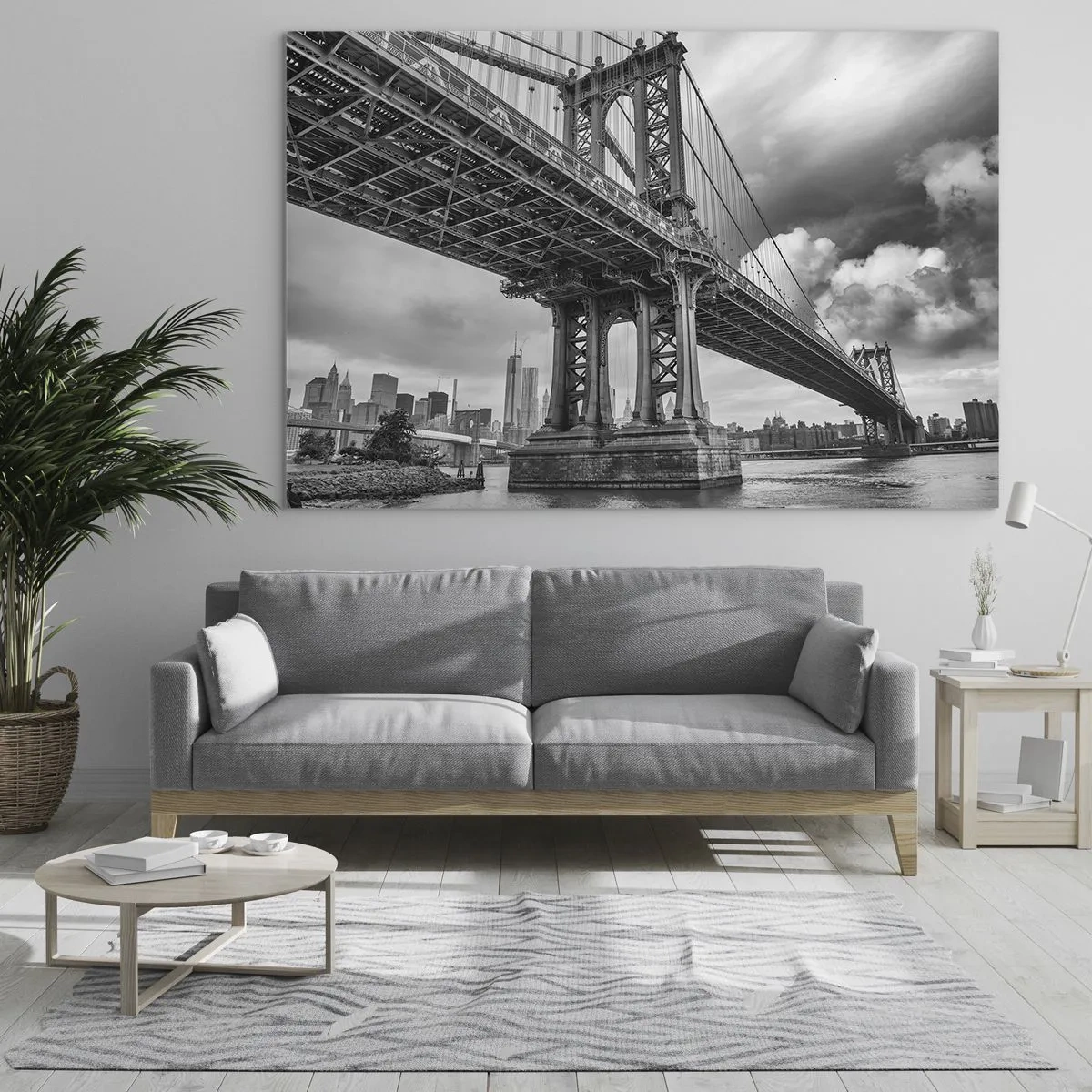 Cuadro sobre vidrio - Impresiones sobre Vidrio - Un puente colgante en un entorno monocromático - 70x50cm - Al corazón de la ciudad - Decoración de pared moderna para salón y dormitorio ARTTOR