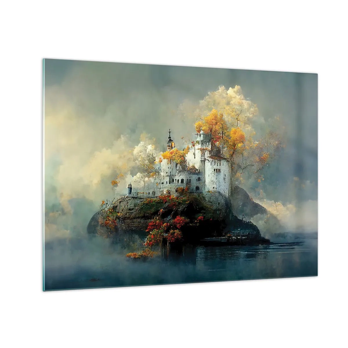 Cuadro sobre vidrio - Impresiones sobre Vidrio - Un castillo sobre una roca rodeado de niebla y árboles otoñales. - 70x50cm - El comienzo de una historia romántica - Decoración de pared moderna para salón y dormitorio ARTTOR