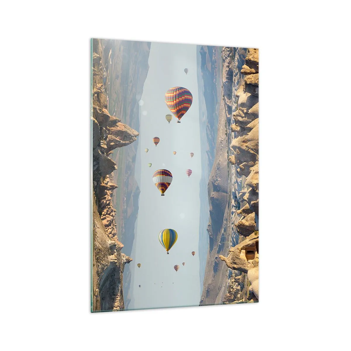 Cuadro sobre vidrio - Impresiones sobre Vidrio - Globos de colores sobre un paisaje rocoso. - 70x100cm - Aquí todo es posible - Decoración de pared moderna para salón y dormitorio ARTTOR
