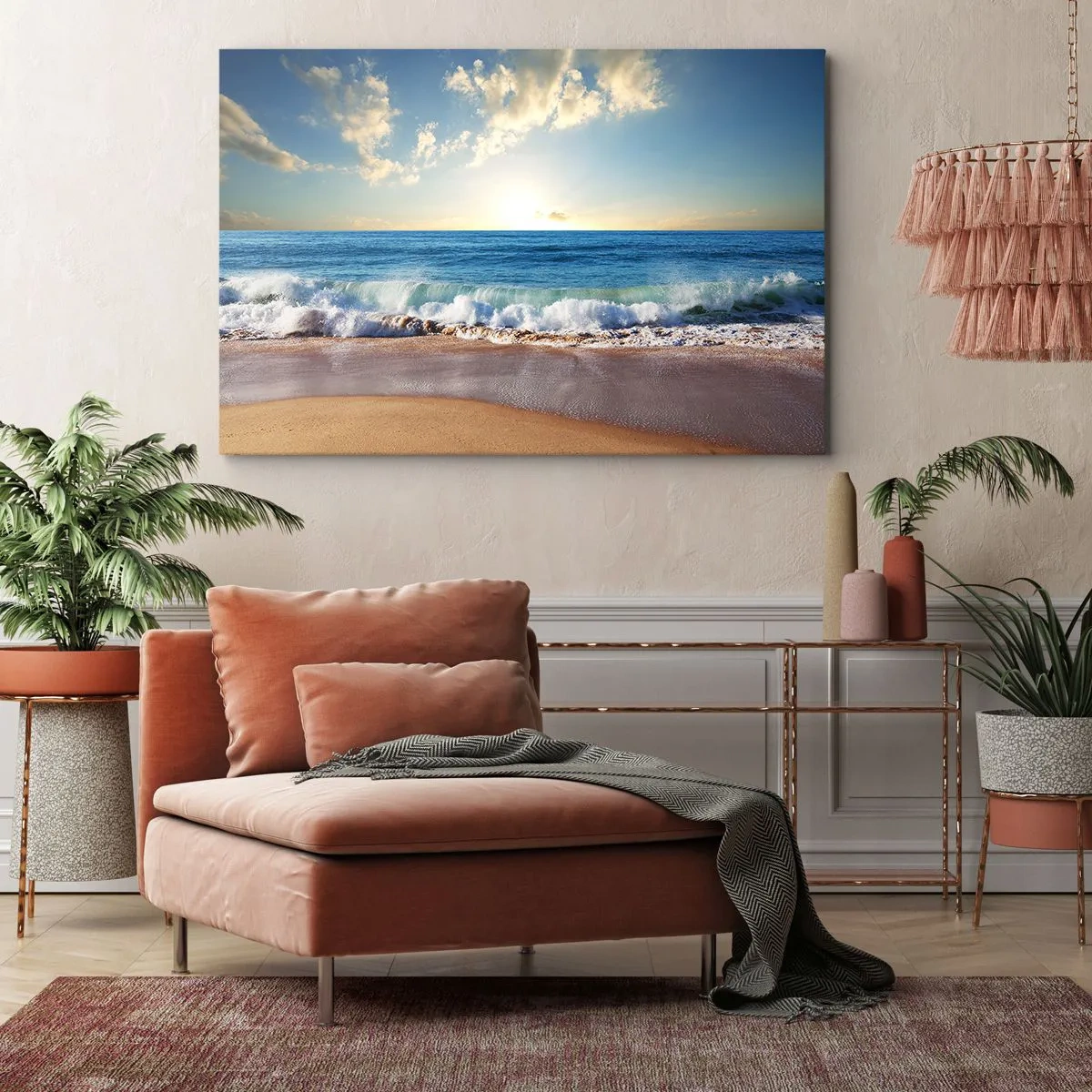 Cuadro sobre lienzo - Impresión de Imagen - Una playa soleada con olas rompiendo en la orilla. - 100x70cm - Movimiento y quietud al mismo tiempo - Decoración de pared moderna para salón y dormitorio ARTTOR