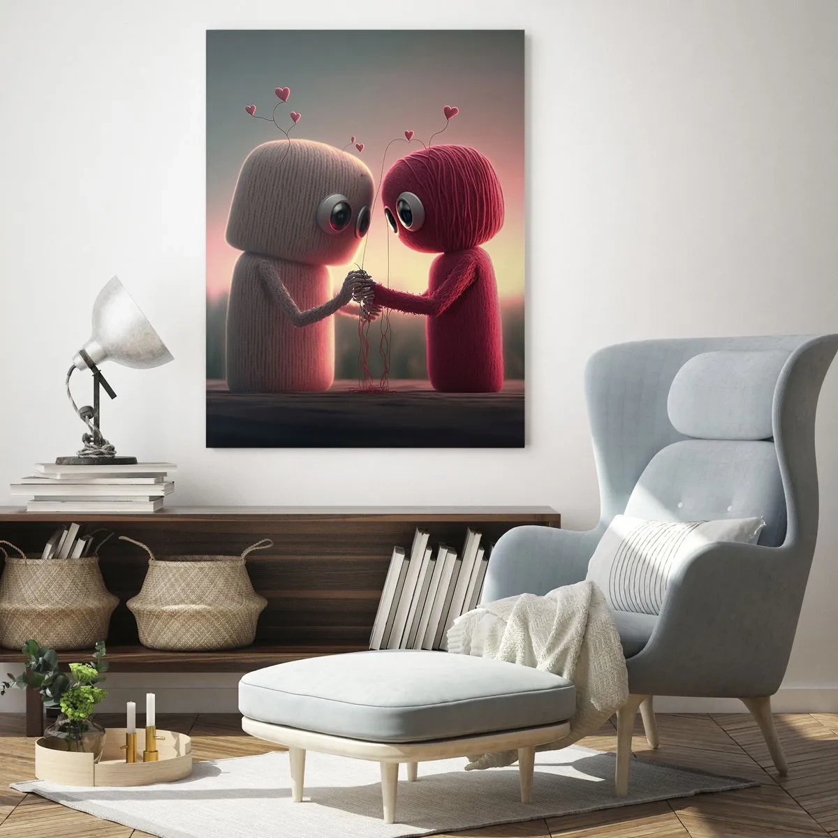 Cuadro sobre vidrio - Impresiones sobre Vidrio - Personajes de hilo en un encantador entorno con temática de corazones. - 70x100cm - Todo el mundo puede amar - Decoración de pared moderna para salón y dormitorio ARTTOR