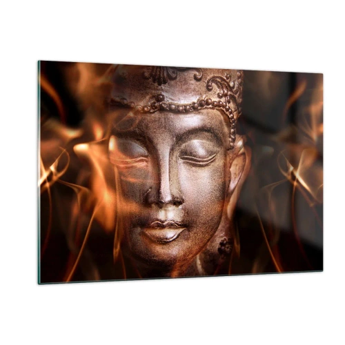 Cuadro sobre vidrio - Impresiones sobre Vidrio - El rostro brumoso de Buda en tonos cálidos de oro y marrón. - 120x80cm - Solo existe el aquí y el ahora - Decoración de pared moderna para salón y dormitorio ARTTOR