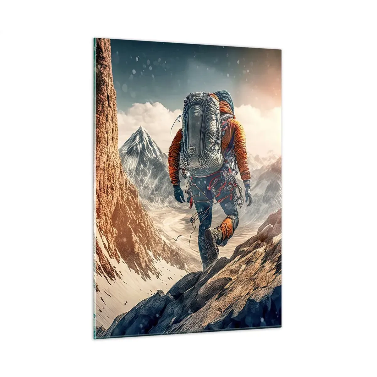 Cuadro sobre vidrio - Impresiones sobre Vidrio - Un excursionista escalando una ladera rocosa y cubierta de nieve. - 50x70cm - Guerrero solitario - Decoración de pared moderna para salón y dormitorio ARTTOR
