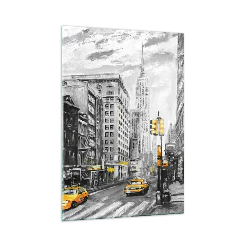 Cuadro sobre vidrio - Impresiones sobre Vidrio - Una ilustración de la ciudad de Nueva York en tonos blanco y negro con acentos amarillos. - 50x70cm - Una de las muchas historias de la gran manzana - Decoración de pared moderna para salón y dormitorio ART