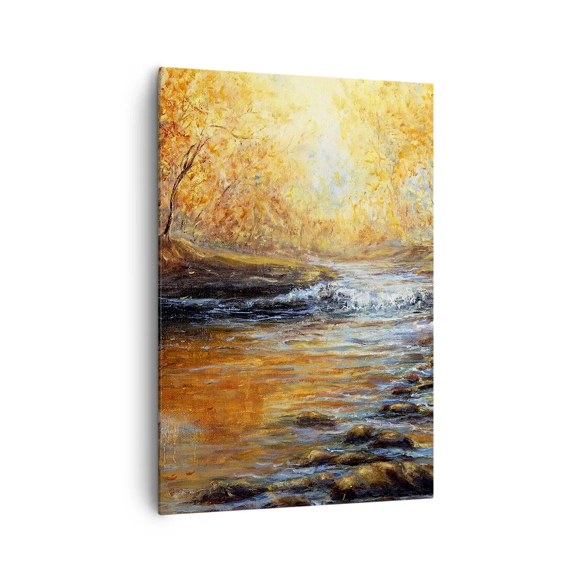 Cuadro sobre lienzo - Impresión de Imagen - Paisaje otoñal con un río entre los árboles. - 70x100cm - Arroyo de oro - Decoración de pared moderna para salón y dormitorio ARTTOR