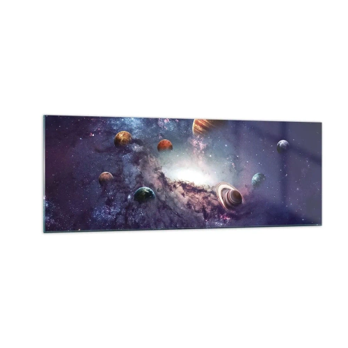 Cuadro sobre vidrio - Impresiones sobre Vidrio - Planetas en una galaxia con una nebulosa al fondo - 140x50cm - La danza alrededor del Sol - Decoración de pared moderna para salón y dormitorio ARTTOR