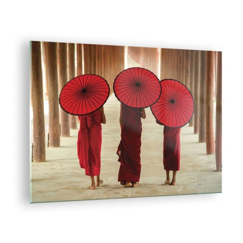 Cuadro sobre vidrio - Impresiones sobre Vidrio - Monjes con paraguas rojos caminando por un pasillo de madera - 70x50cm - En el camino a la Tierra Pura - Decoración de pared moderna para salón y dormitorio ARTTOR