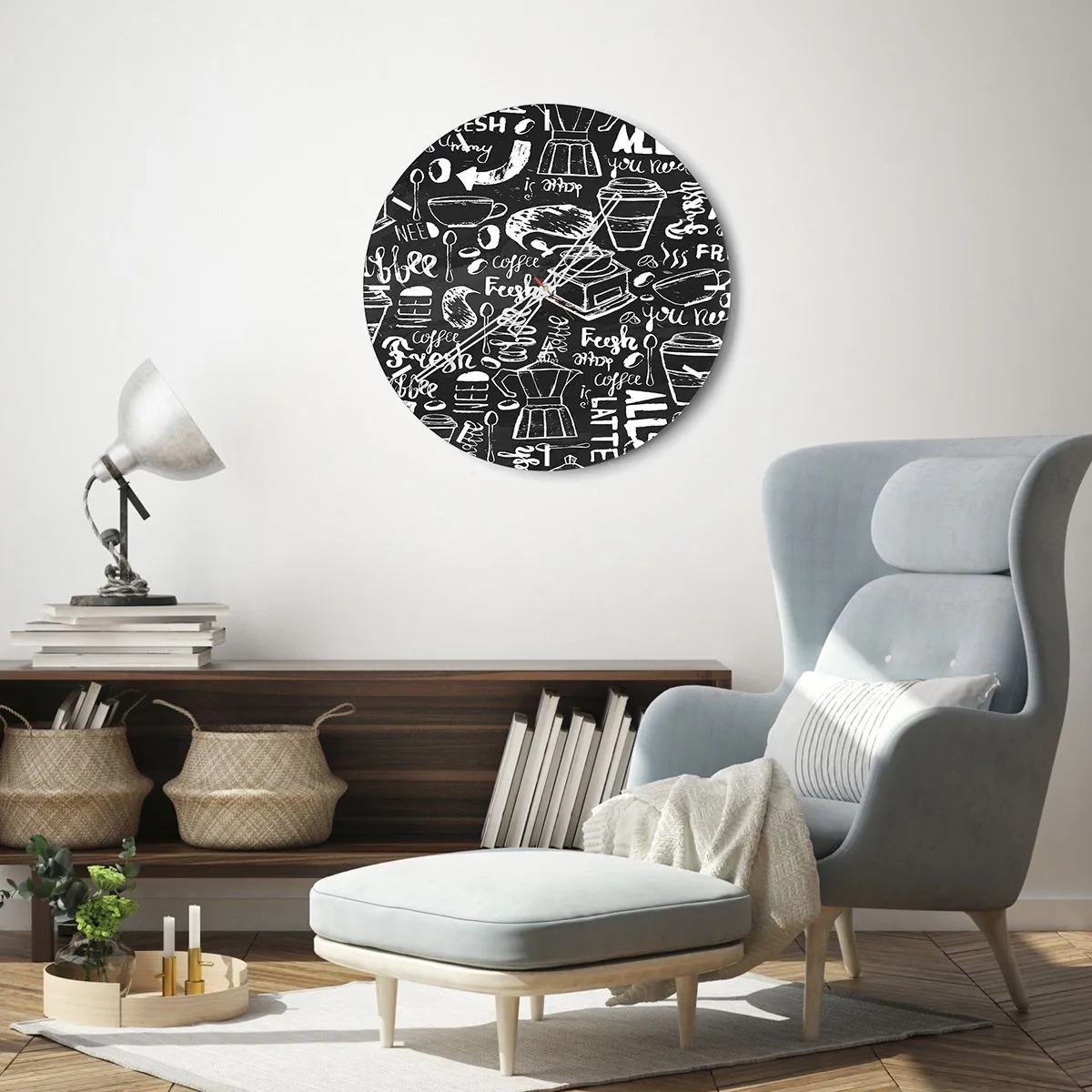 Reloj de pared - Reloj de vidrio - Motivo de café al estilo de un dibujo con tiza sobre fondo negro. - 30x30cm - All you need is… - Decoración de pared moderna para salón, cocina y dormitorio ARTTOR