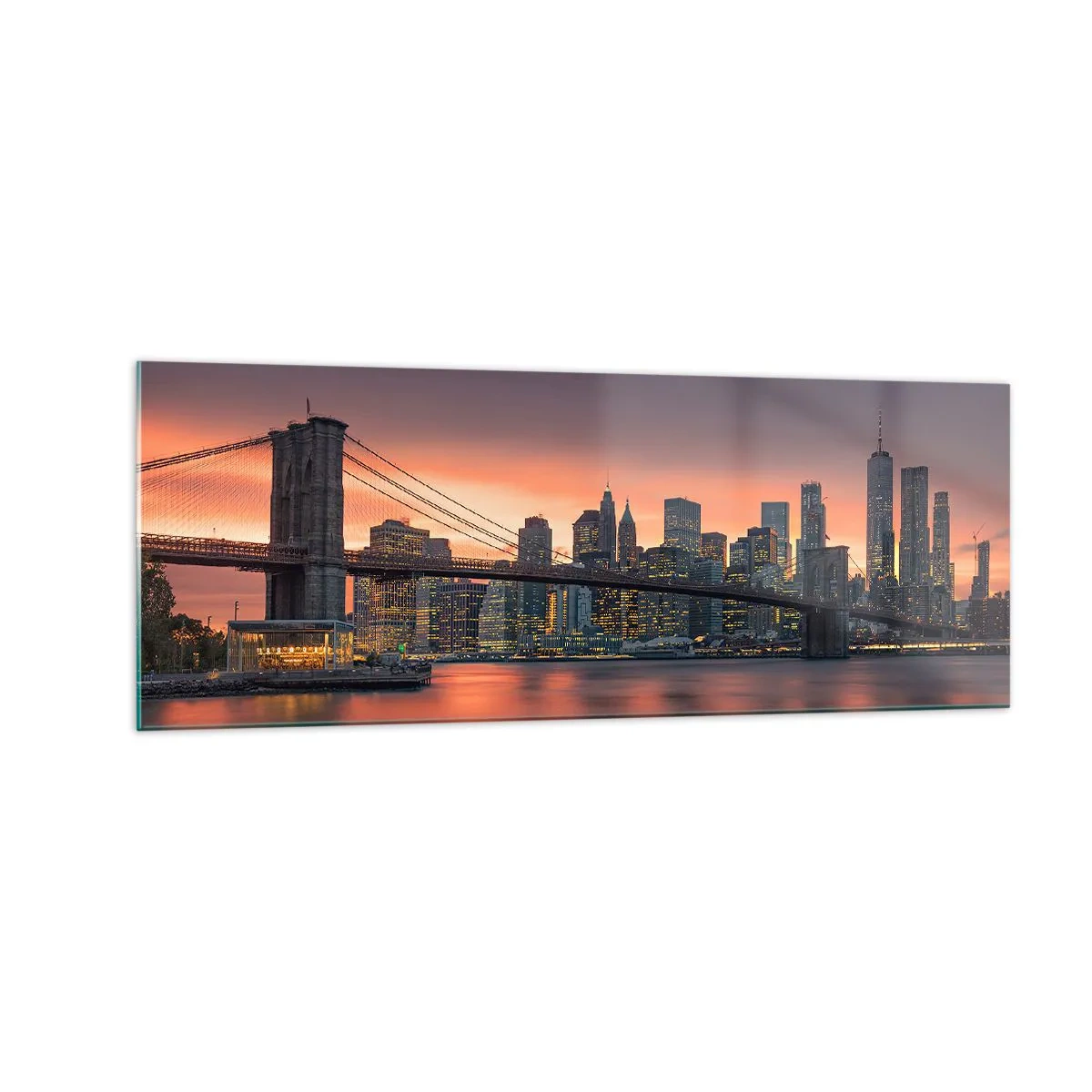 Cuadro sobre vidrio - Impresiones sobre Vidrio - Panorama nocturno de la ciudad con un puente y un cielo iluminado. - 140x50cm - Ahogado en el silencio lila - Decoración de pared moderna para salón y dormitorio ARTTOR