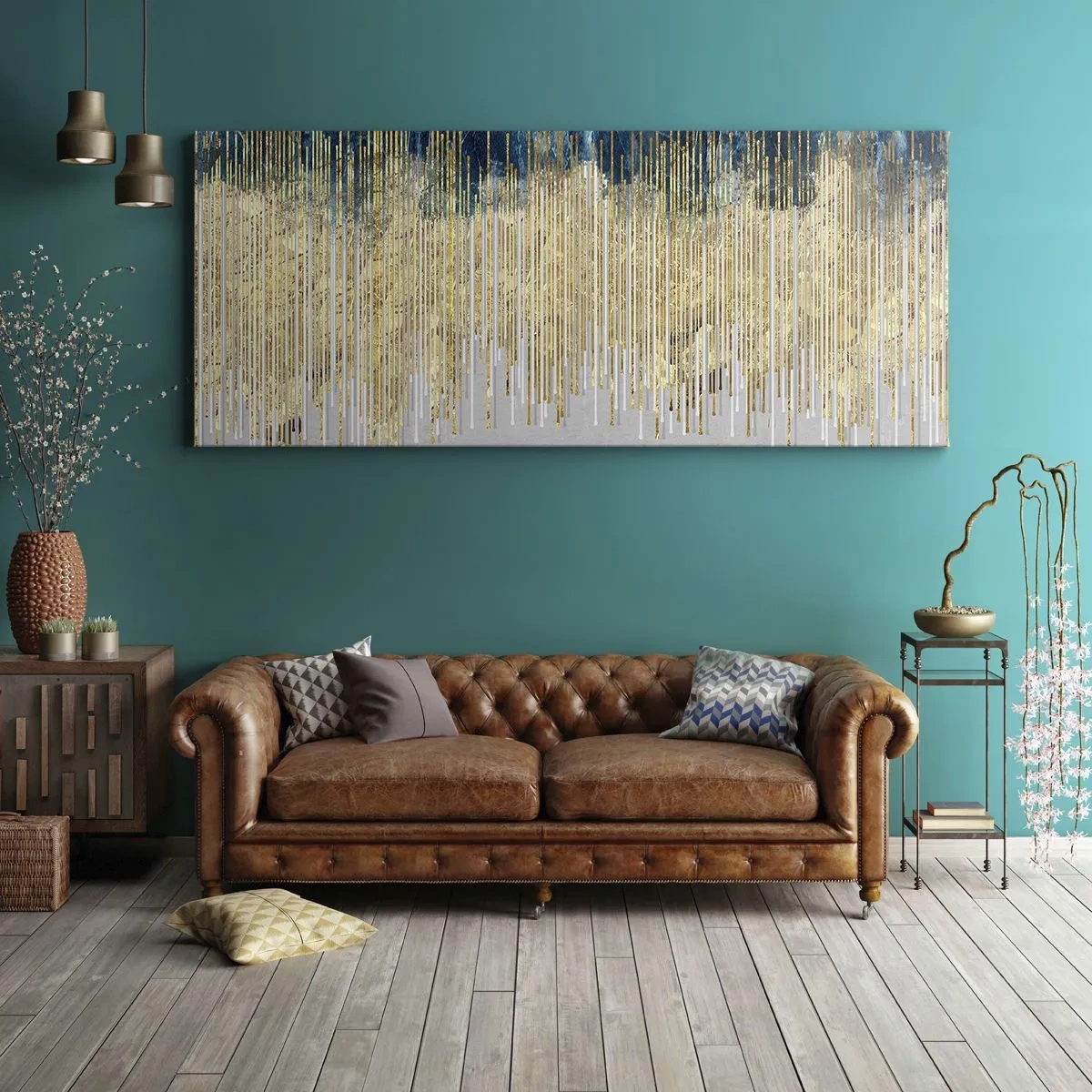 Cuadro sobre lienzo - Impresión de Imagen - Líneas doradas sobre un fondo de abstracción azul marino y gris. - 140x50cm - Frontera de líneas doradas - Decoración de pared moderna para salón y dormitorio ARTTOR