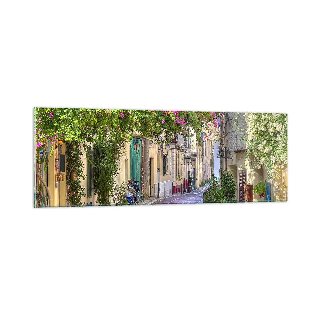 Cuadro sobre vidrio - Impresiones sobre Vidrio - Un callejón floreciente - 90x30 cm