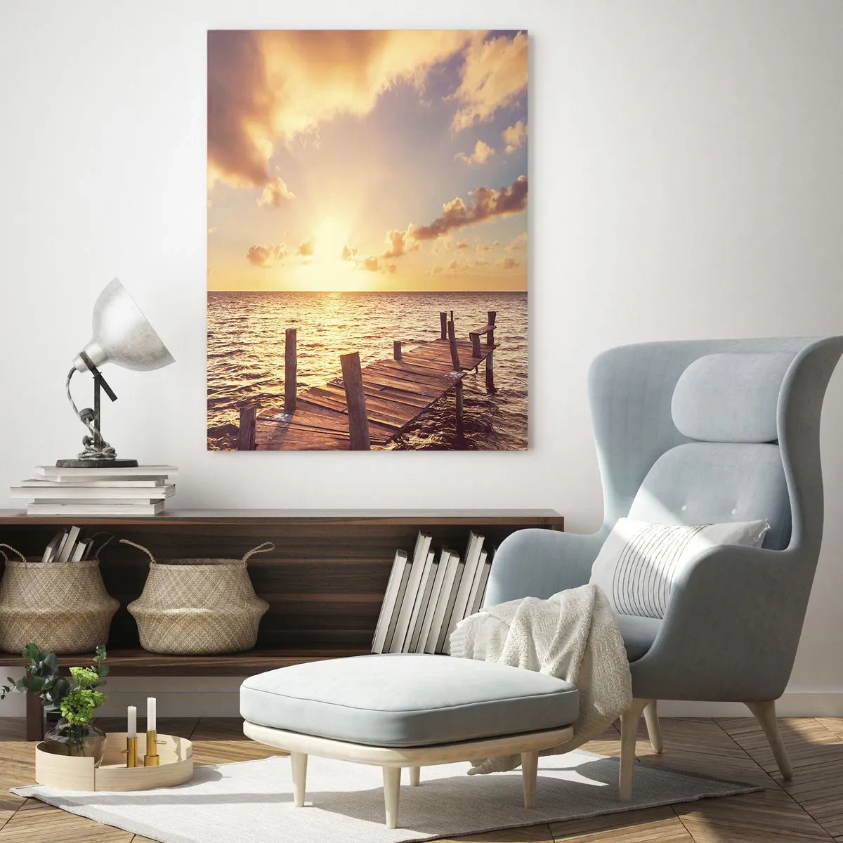 Cuadro sobre vidrio - Impresiones sobre Vidrio - Un embarcadero de madera que conduce hacia la puesta del sol. - 80x120cm - Una tierra dorada de dulzura - Decoración de pared moderna para salón y dormitorio ARTTOR