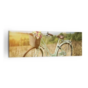 Cuadro sobre lienzo - Impresión de Imagen - Una bicicleta retro con una cesta llena de flores sobre un fondo de pradera. - 160x50cm - Me quedaré aquí un tiempo - Decoración de pared moderna para salón y dormitorio ARTTOR
