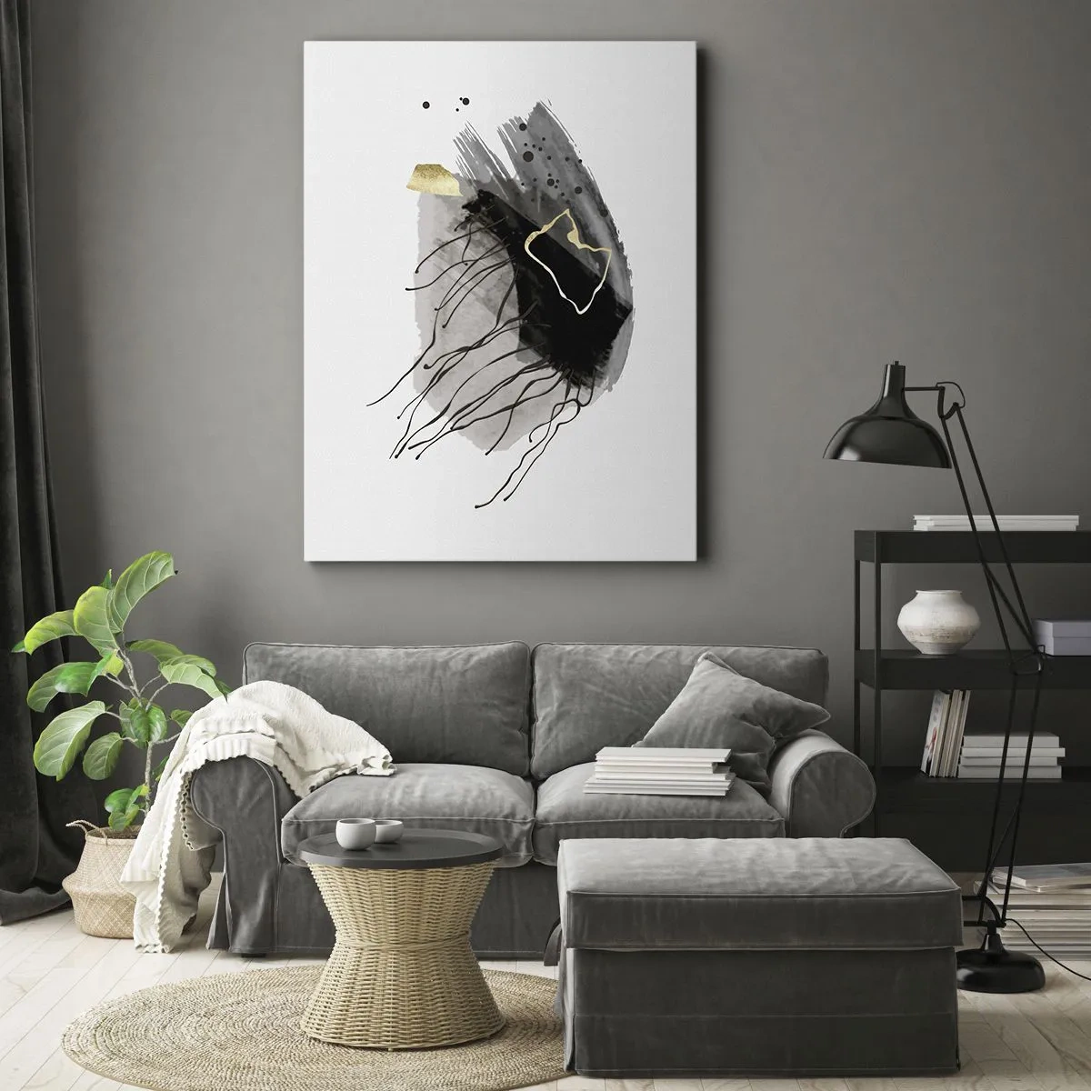 Cuadro sobre lienzo - Impresión de Imagen - Una composición abstracta con acentos negros y dorados. - 80x120cm - En negro y dorado - Decoración de pared moderna para salón y dormitorio ARTTOR