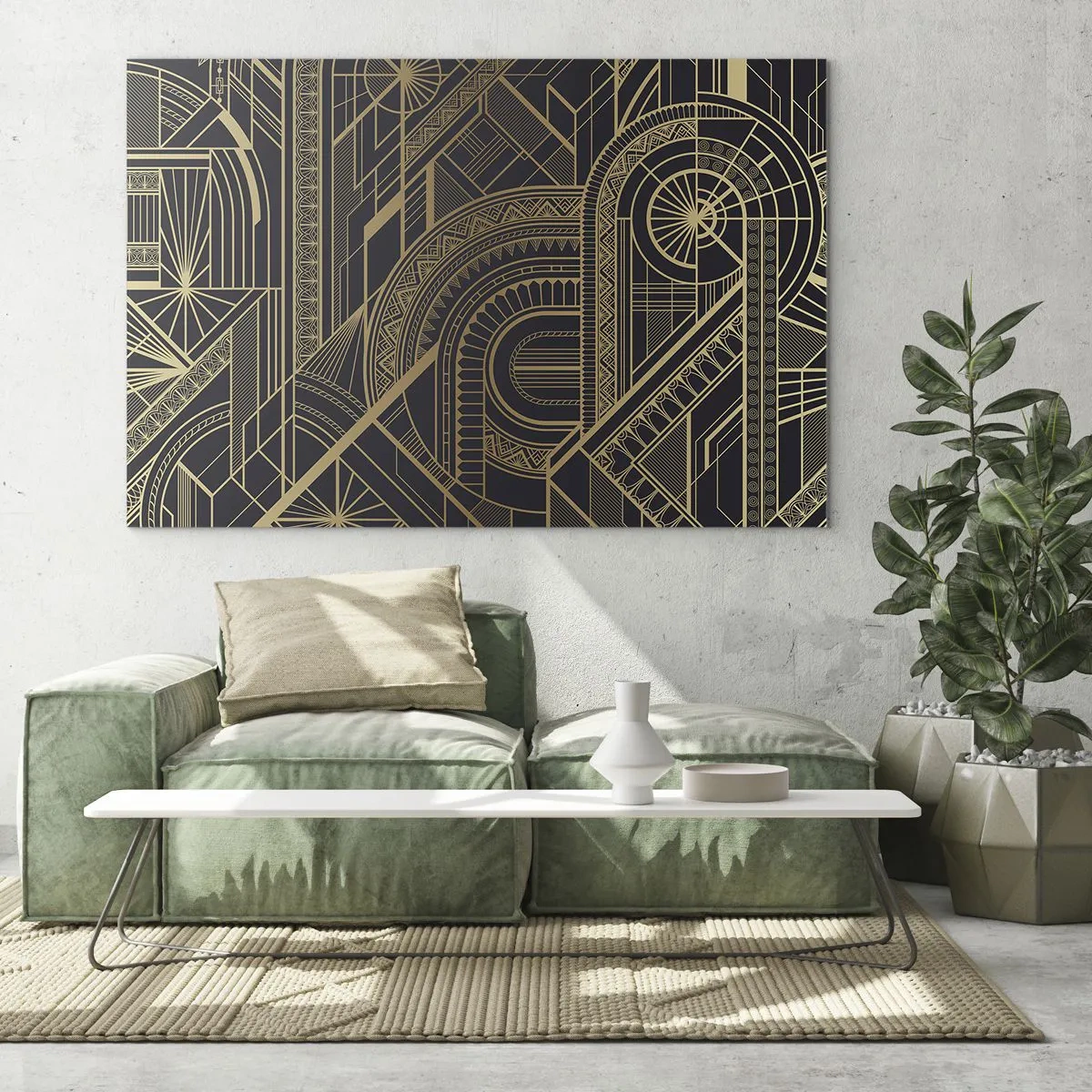 Cuadro sobre vidrio - Impresiones sobre Vidrio - Patrón geométrico Art Déco en dorado y negro - 100x70cm - Conceptos, ideas, planes - Decoración de pared moderna para salón y dormitorio ARTTOR
