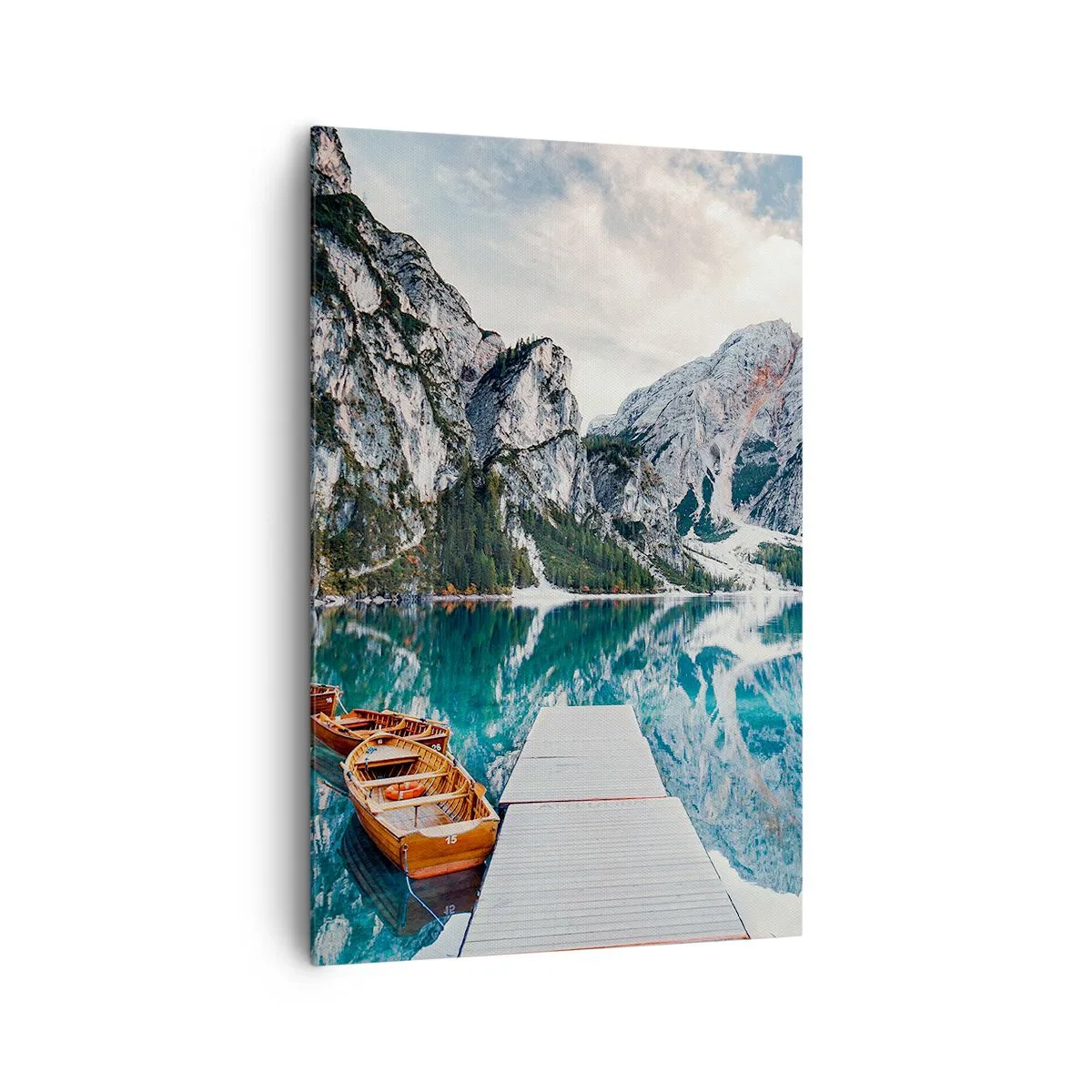 Cuadro sobre lienzo - Impresión de Imagen - Un lago con barcos rodeado de montañas. - 80x120cm - Te mostraremos la fuente de la belleza - Decoración de pared moderna para salón y dormitorio ARTTOR