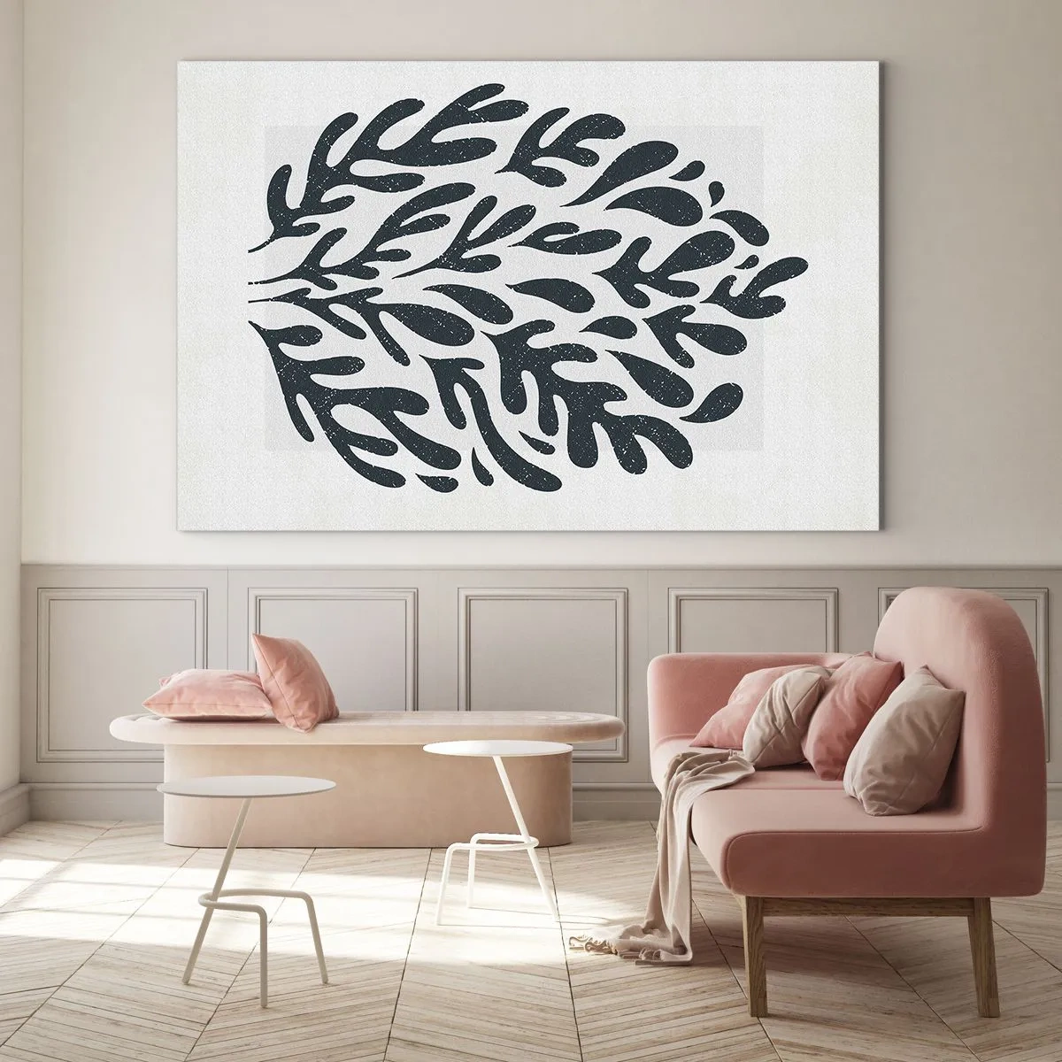 Cuadro sobre vidrio - Impresiones sobre Vidrio - Forma orgánica negra sobre fondo blanco - 70x50cm - Formas de la naturaleza - Decoración de pared moderna para salón y dormitorio ARTTOR