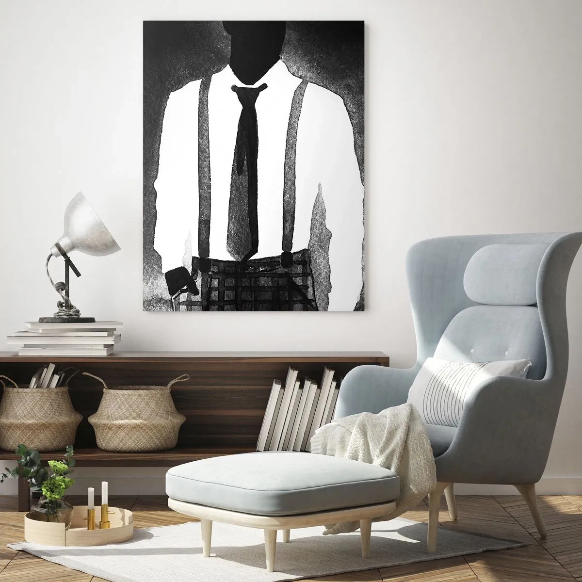 Cuadro sobre vidrio - Impresiones sobre Vidrio - Personajes de estilo noir, elegancia en blanco y negro y misterio. - 80x120cm - En un ambiente noir - Decoración de pared moderna para salón y dormitorio ARTTOR