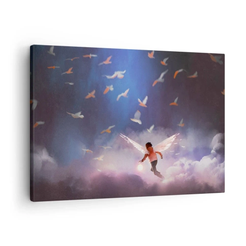Cuadro sobre lienzo - Impresión de Imagen - Una figura con alas de ángel flotando entre pájaros en el cielo. - 70x50cm - Imaginación y valor - Decoración de pared moderna para salón y dormitorio ARTTOR