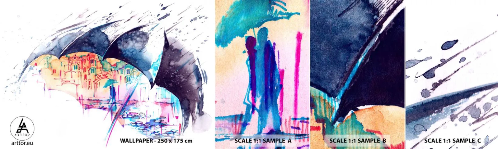 Muestra de fotomural autoadhesivo Deluxe Sticker - Caminando bajo la lluvia - Abstracción, Paraguas, Arquitectura - 100x30 cm