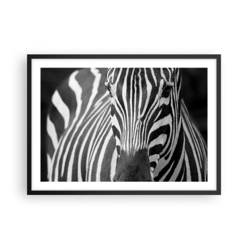 Póster en marco negro - Un primer plano en blanco y negro de una cebra con sus distintivas rayas. - 70x50cm - El mundo es blanco y negro - Decoración de pared moderna para salón y dormitorio ARTTOR