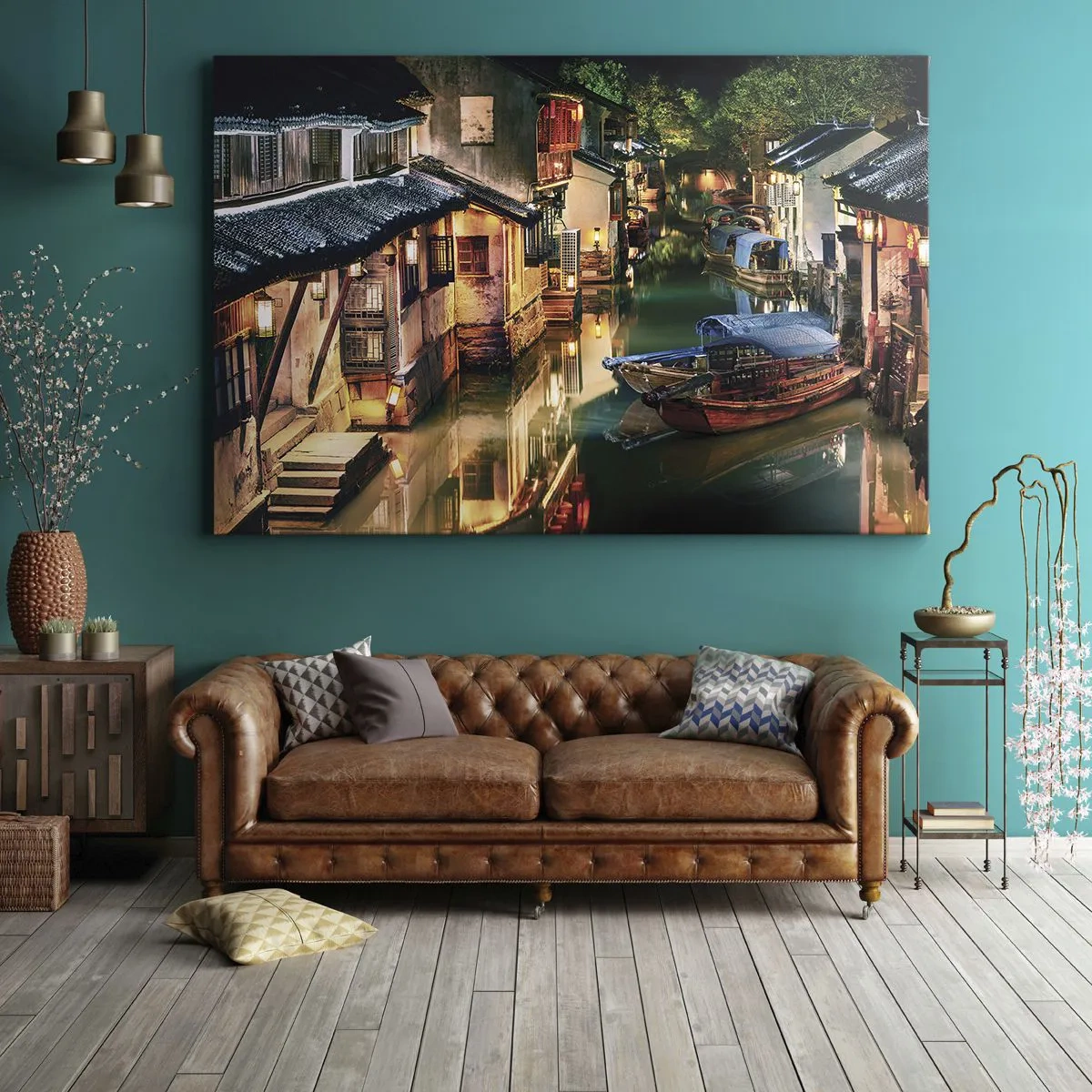 Cuadro sobre lienzo - Impresión de Imagen - Vista nocturna de los canales con barcos y casas tradicionales. - 70x50cm - Noche en una calle china - Decoración de pared moderna para salón y dormitorio ARTTOR