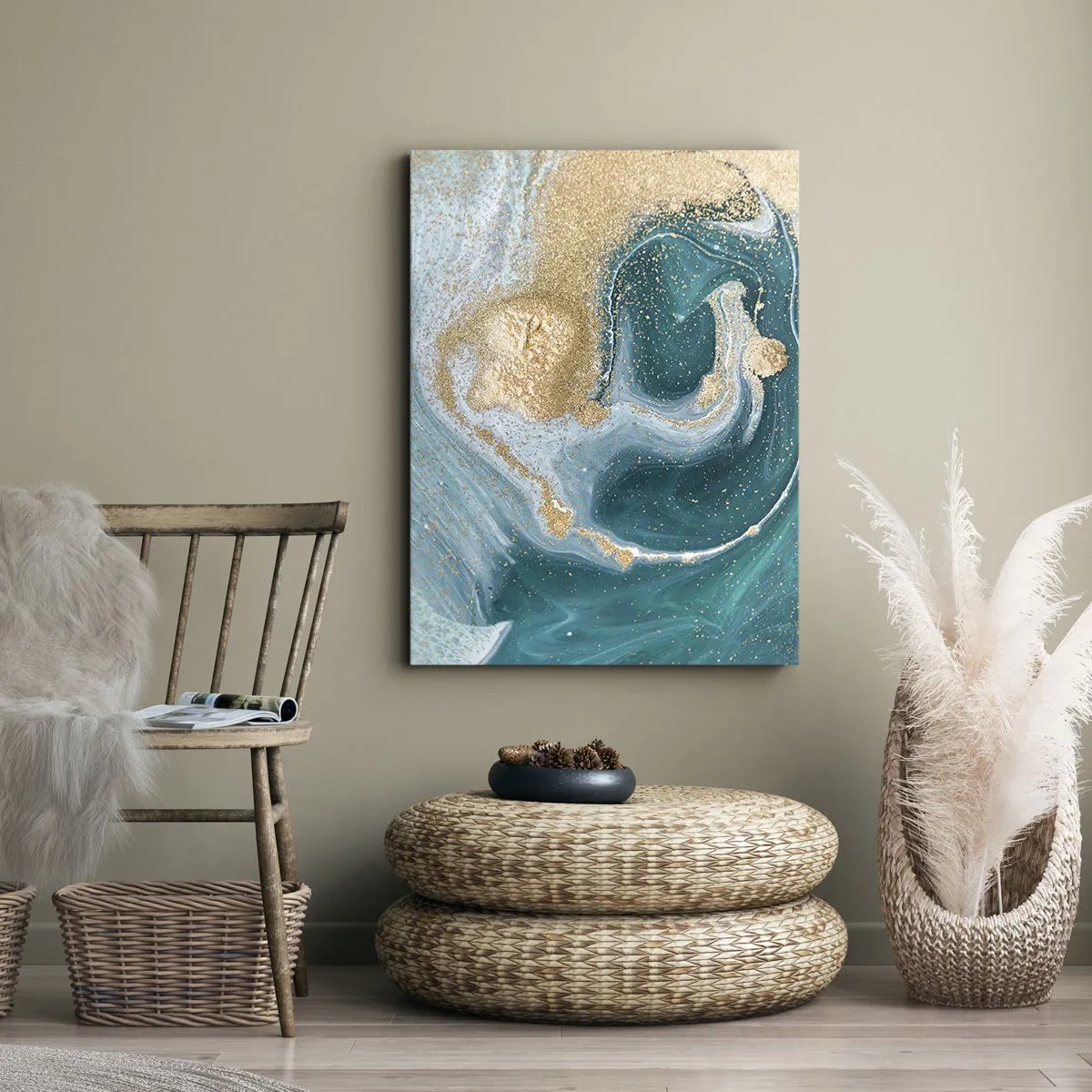 Cuadro sobre lienzo - Impresión de Imagen - Remolino abstracto en tonos turquesa y dorado - 50x70cm - Un remolino de oro y turquesa - Decoración de pared moderna para salón y dormitorio ARTTOR