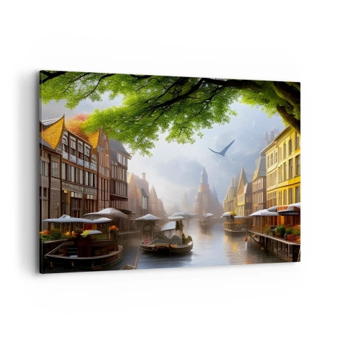 Cuadro sobre lienzo - Impresión de Imagen - Un pintoresco paisaje holandés con un canal y casas de vecindad. - 120x80cm - Paisaje urbano holandés - Decoración de pared moderna para salón y dormitorio ARTTOR