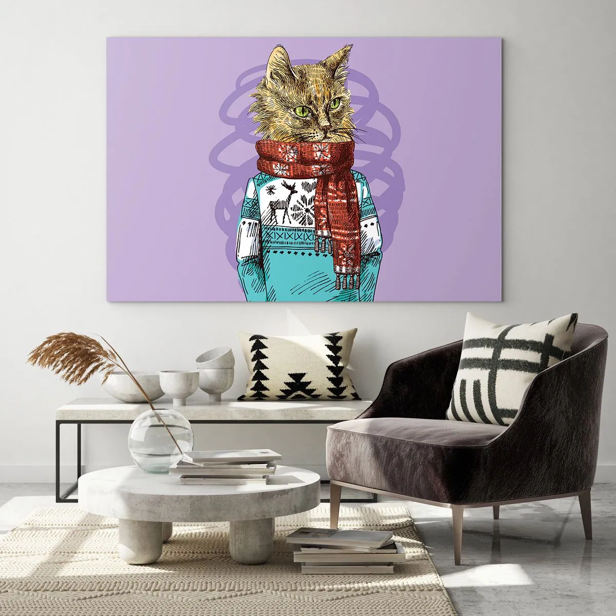 Cuadro sobre vidrio - Impresiones sobre Vidrio - Un gato con un suéter y una bufanda sobre un fondo morado. - 70x50cm - El gato no solo tenía botas - Decoración de pared moderna para salón y dormitorio ARTTOR