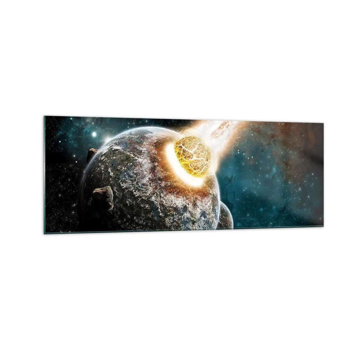 Cuadro sobre vidrio - Impresiones sobre Vidrio - Colisión cósmica de un planeta con un asteroide en las proximidades de la galaxia. - 140x50cm - ¿Condena o nacimiento? - Decoración de pared moderna para salón y dormitorio ARTTOR