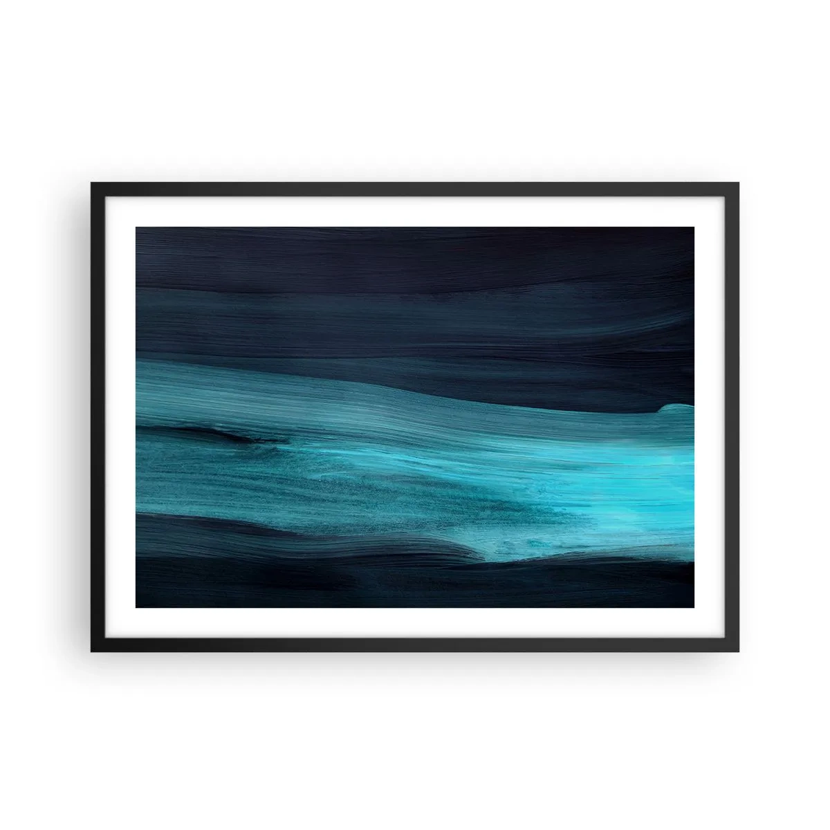 Póster en marco negro - Ondas abstractas sutiles en tonos oscuros de azul. - 70x50cm - Nadar con la corriente - Decoración de pared moderna para salón y dormitorio ARTTOR