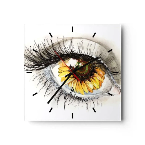 Reloj de pared - Reloj de vidrio - Ojo artístico con iris en forma de girasol. - 30x30cm - Un aspecto tan caluroso como el verano - Decoración de pared moderna para salón y dormitorio ARTTOR