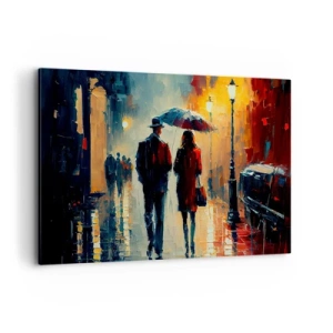 Cuadro sobre lienzo - Impresión de Imagen - Caminando bajo la lluvia bajo un paraguas en la ciudad por la noche. - 120x80cm - Historia de amor urbana - Decoración de pared moderna para salón y dormitorio ARTTOR