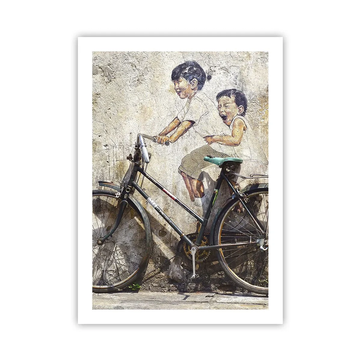 Póster - Un mural de arte callejero de niños en bicicleta. - 50x70cm - ¿Verdadero o falso? - Decoración de pared moderna para salón y dormitorio ARTTOR